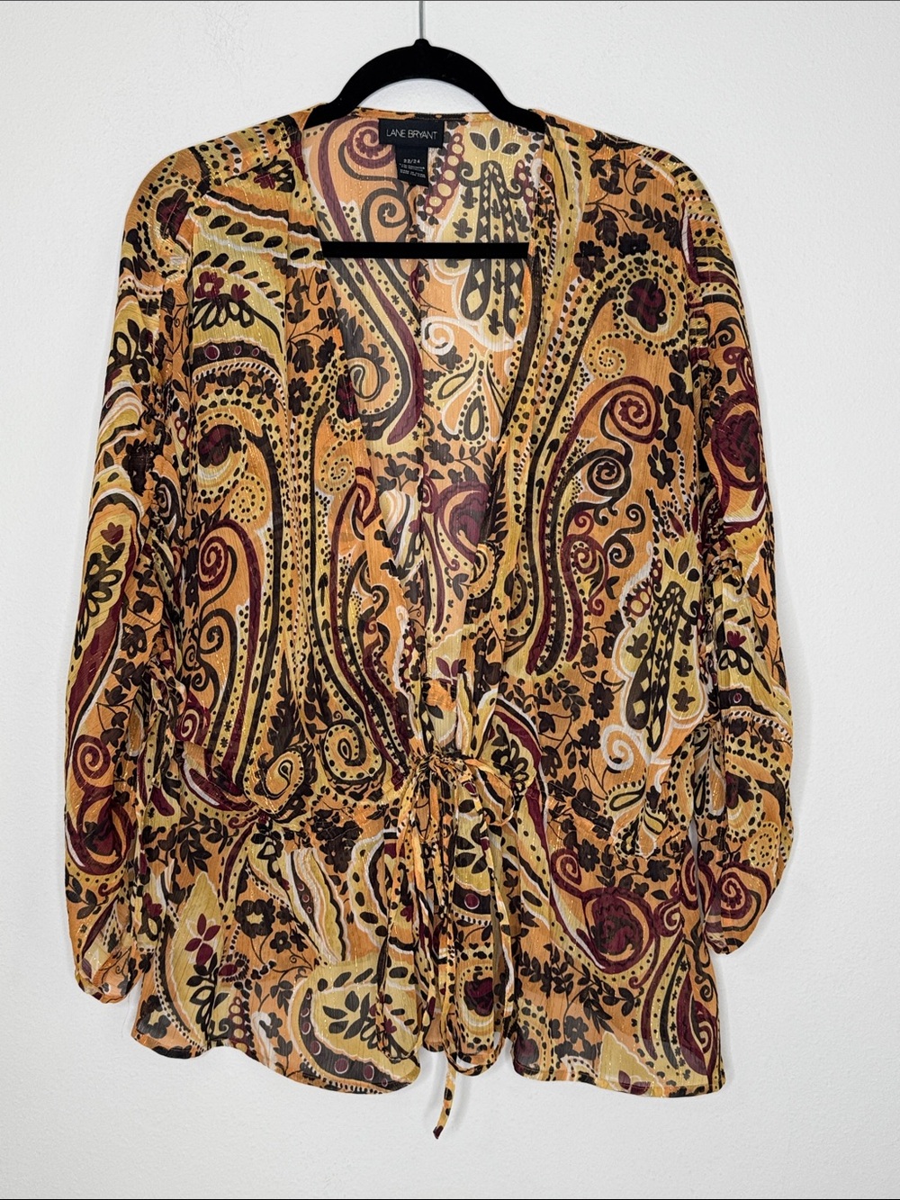 Lane Bryant Multi Neutral Paisley Gold Metalic Tie Front Fun Date Night 22/24